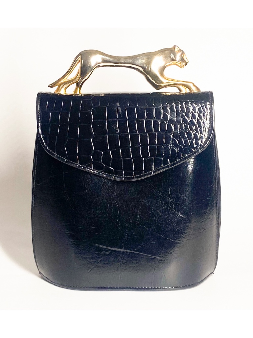 Jaguar Handle Black Genuine Leather Vintage Handbag Sculptural Gold-Tone Metal